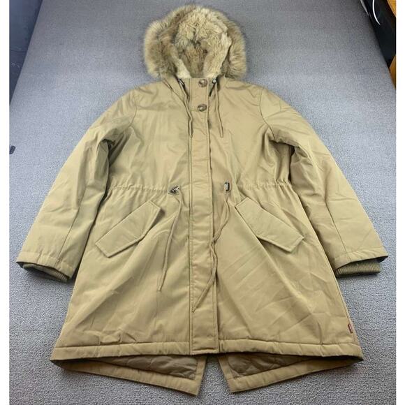 Levi’s Hooded Parka Jacket Women L Tan Faux Fur Trim Quilted Lining Drawcord - Picture 1 of 13